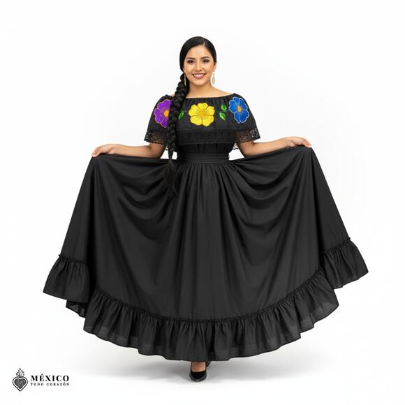 Traditional Mexican Embroidered Floral Dress Set – Handmade Two-Piece - Picture 6 of 8